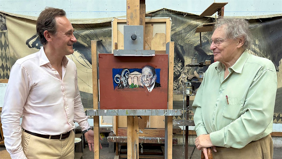 Julien de Beaumarchais de Rothschild, left, and Gérard Garouste look at the artist's painting for the 2022 Mouton-Rothschild vintage.Mouton-Rothschild Pays Tribute to the Late Baron Philippe with New Label